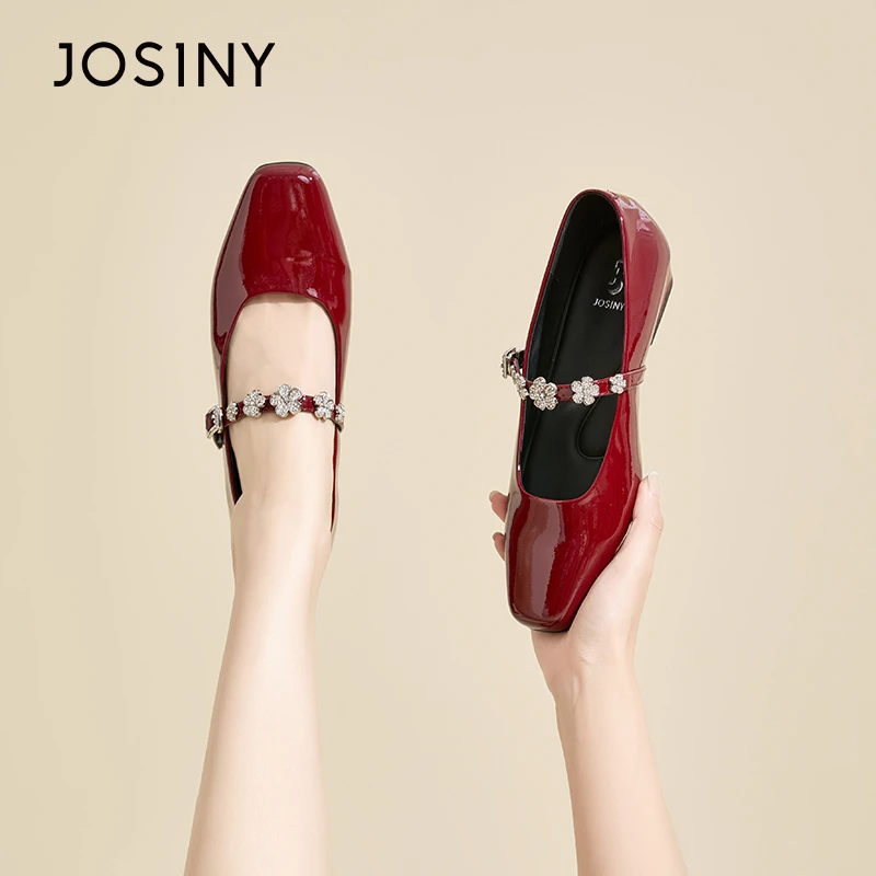 卓诗尼复古玛丽珍鞋2025春新款法式水钻一字带红色浅口方头小皮鞋