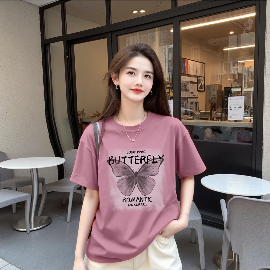 【巴黎蝶语 】宽松纯棉短袖T恤休闲显瘦印花时尚休闲百搭上衣夏季