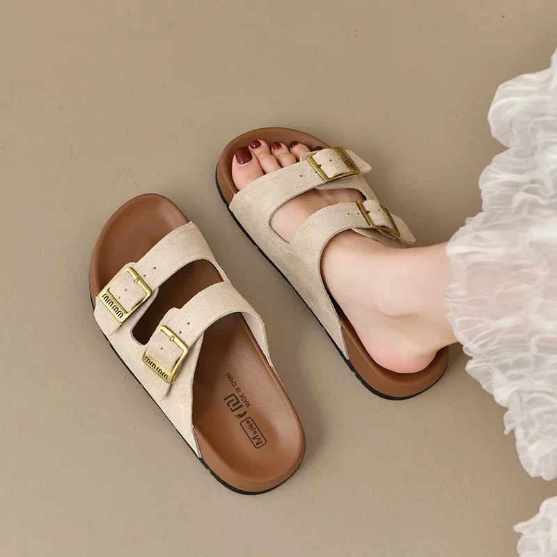 三福真皮厚底勃肯凉拖鞋女夏季外穿2025新款增高软底海边沙滩凉鞋