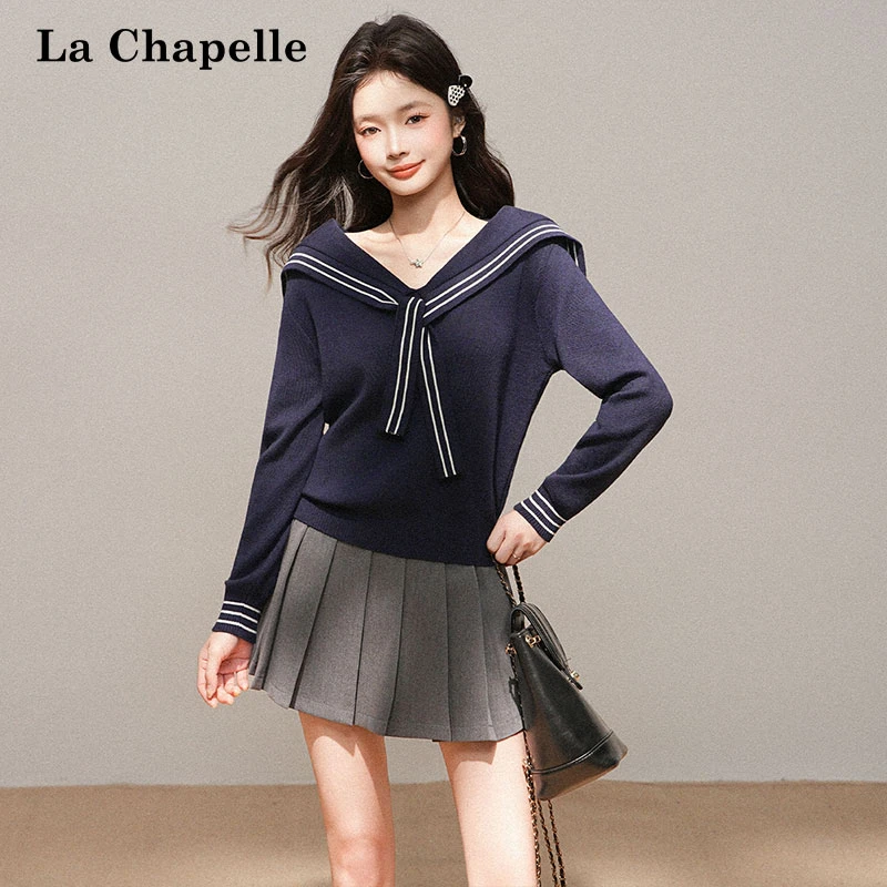 拉夏贝尔甜美风撞色披肩绑带针织V领长袖T恤女秋季宽松气质小上衣