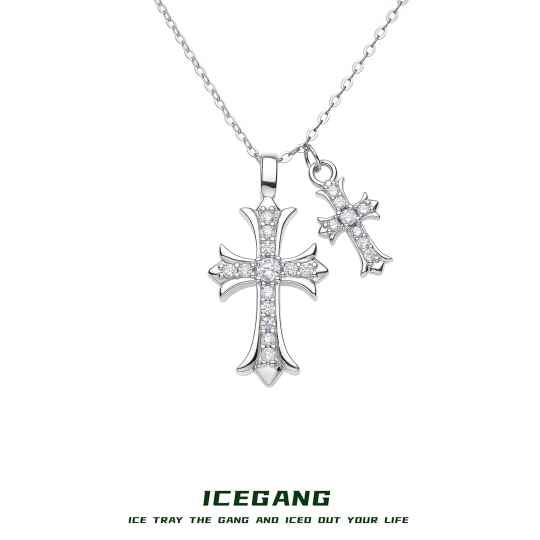 ICEGANG 坠链均925银合成锆石 大小十字架项链双面佩戴S925纯银