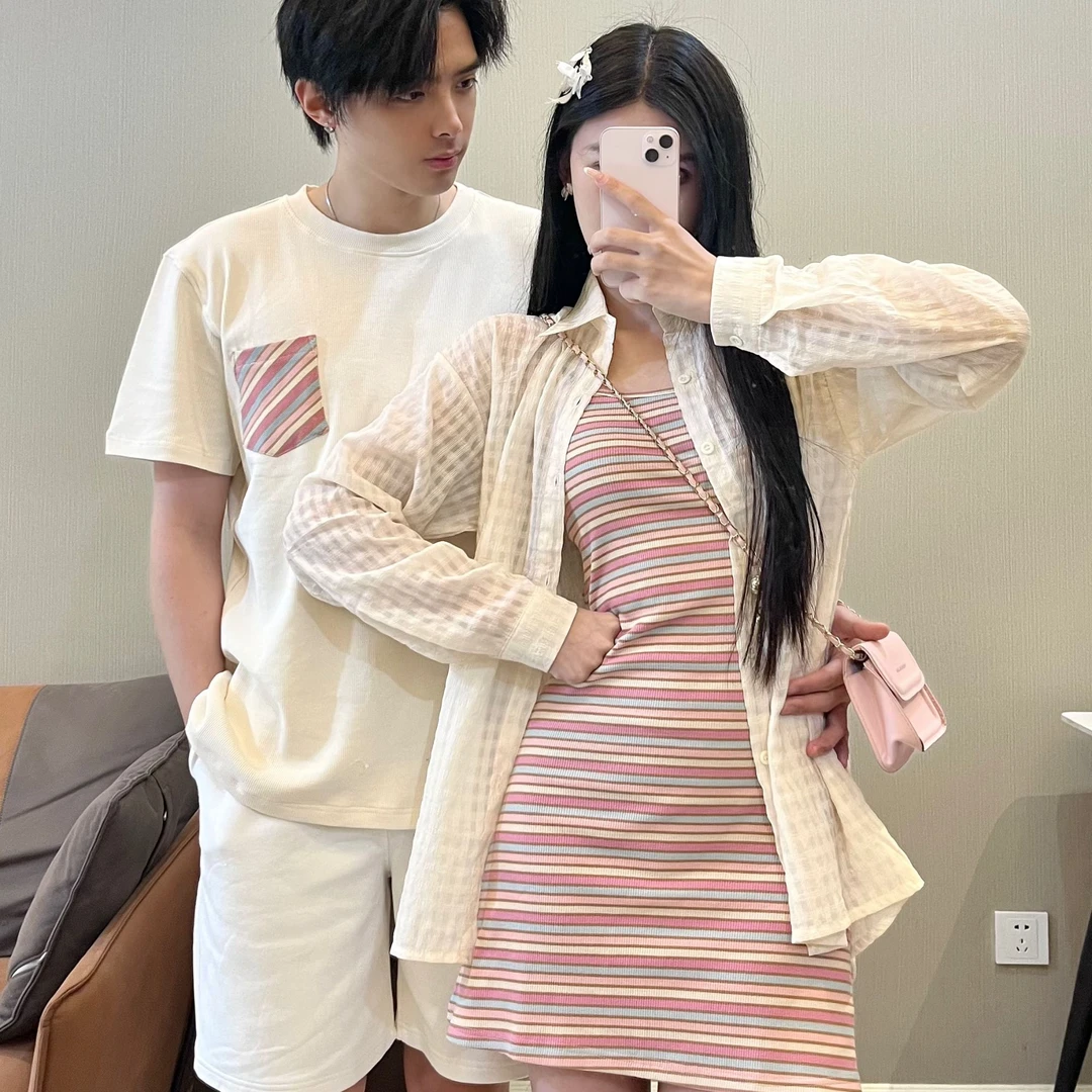 情侣装夏季透气条纹小众拼接连衣裙长袖防晒开衫两件套男短袖潮