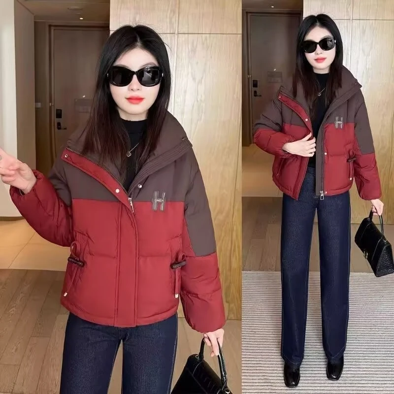 拼接时尚宽松冬季保暖短款棉衣女士小个子立领瞳色加厚面包棉服大