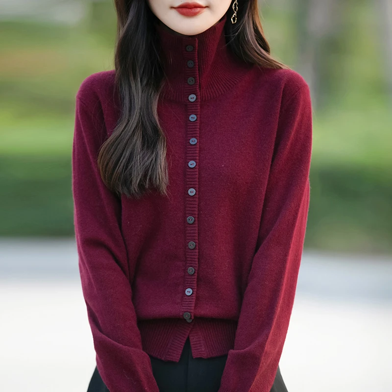 哥弟阿玛施官方秋季穿搭半高圆领纯色针织开衫时尚百搭修身上衣女