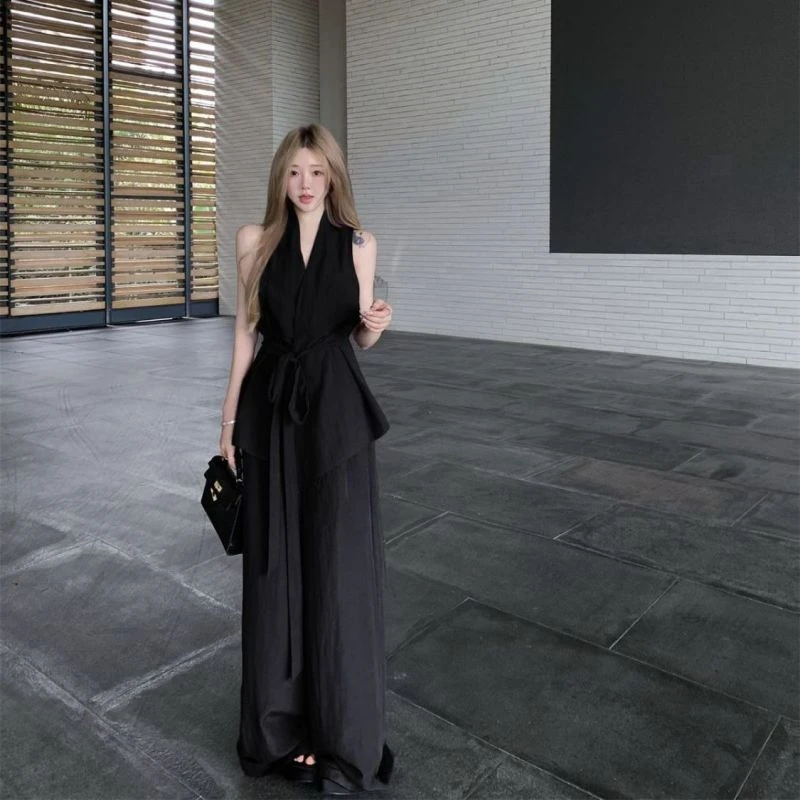 紫色绑带收腰气质套装高级显瘦气质简约套装懒人搭配长裤+背心