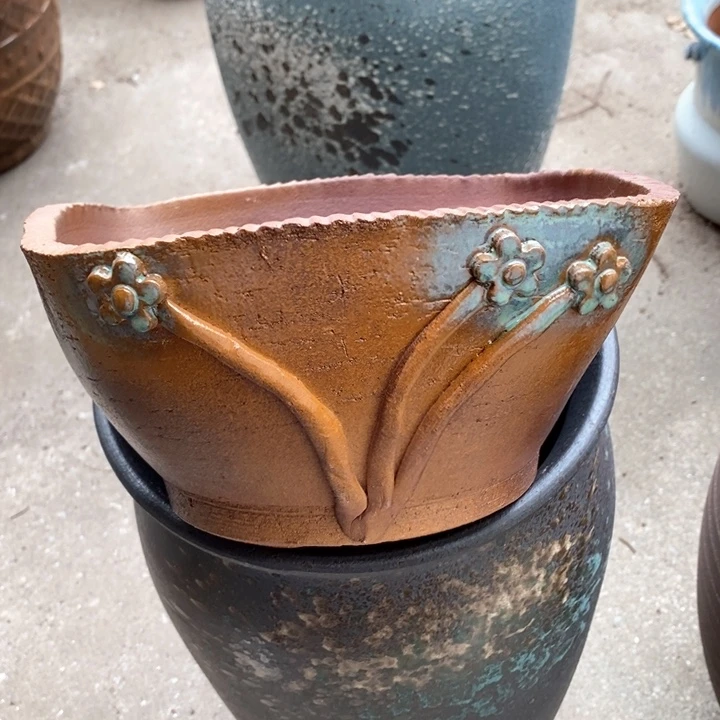 紫砂花盆高13口21手工瑕疵