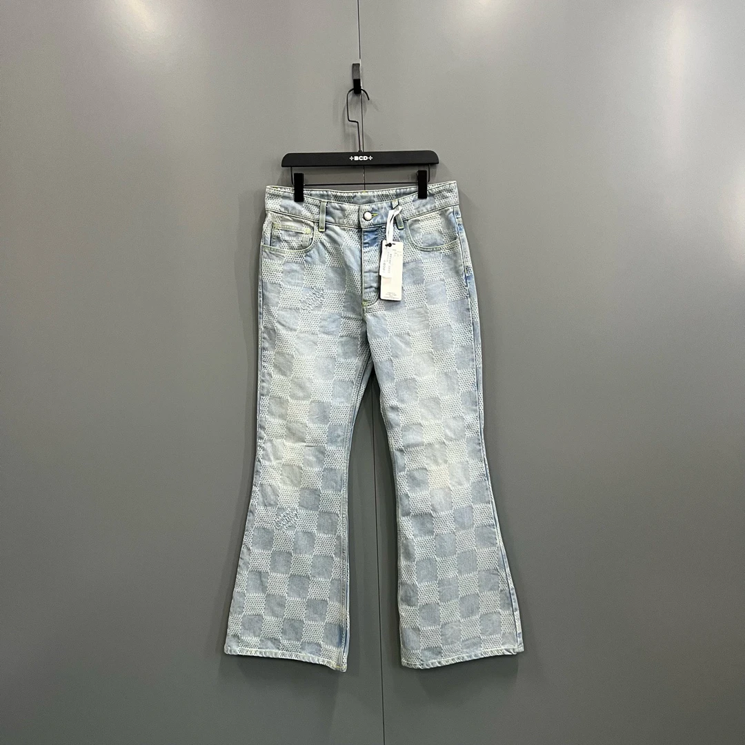 99新 LouisVuitton/路易威登 qq213格子印花微喇牛仔裤 31码