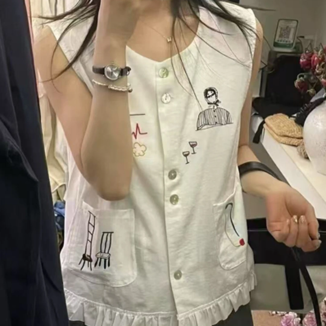 【欧洲站】麻料木耳边刺绣马甲开衫
