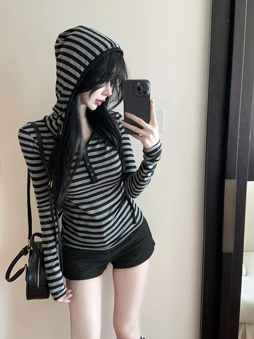 （现货24H+运补3-5）条纹连帽长袖T恤女秋冬2025新款显瘦打底上衣女