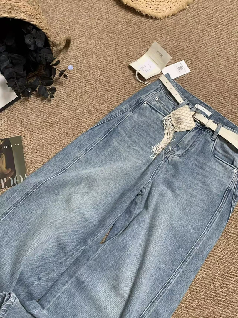 『雨美 Show』88017时尚百搭拼接直筒牛仔裤