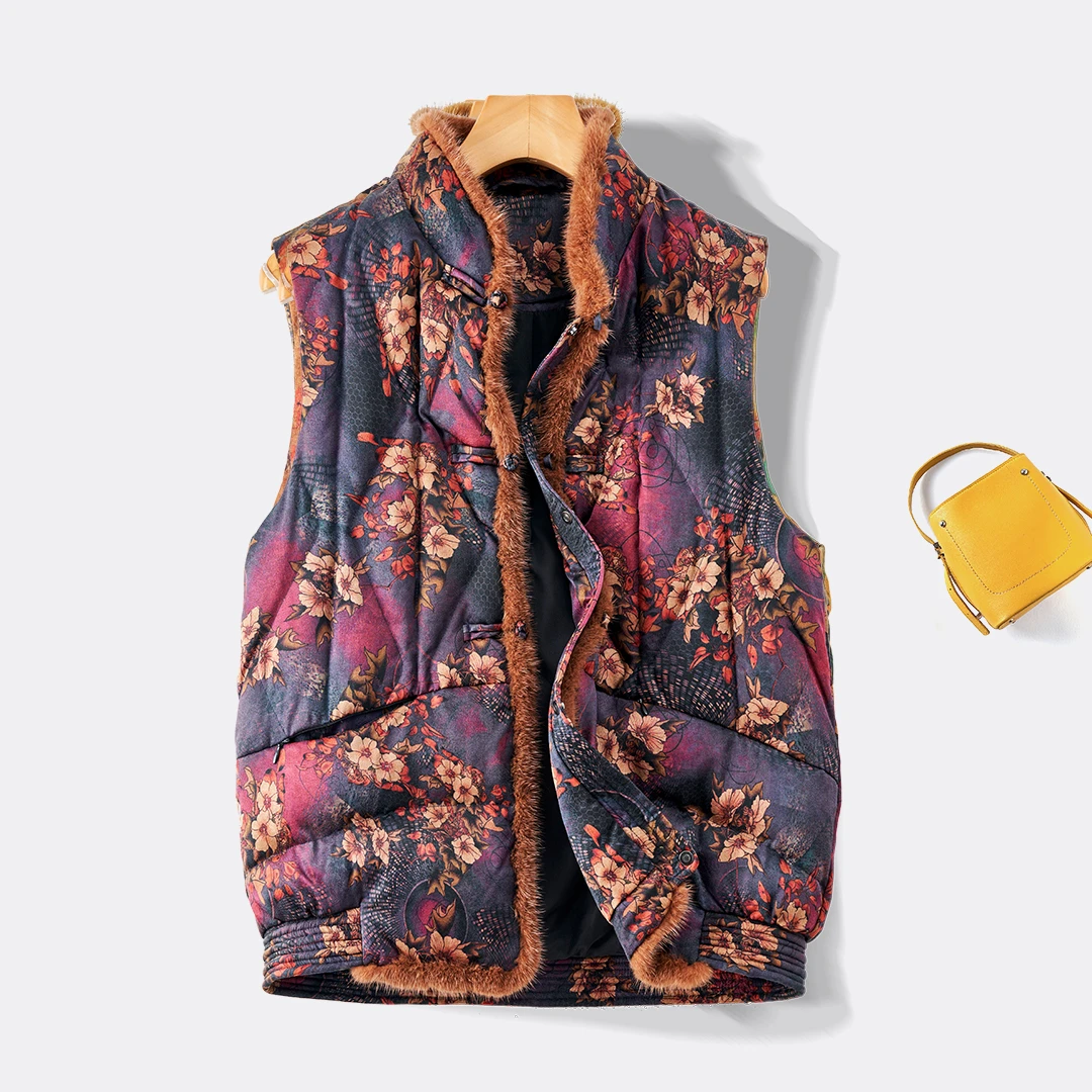 琸娅新中式100%桑蚕丝90白鸭绒香云纱真丝羽绒马甲民族风女装