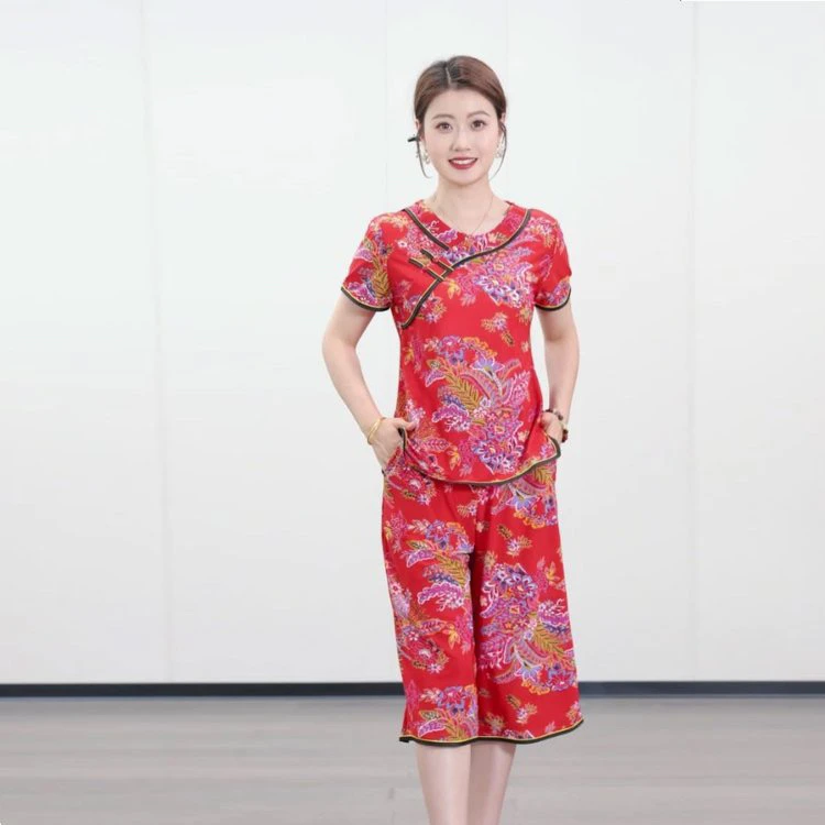 2024新中式夏季新款短袖套装中老年女复古宽松休闲大码显瘦气质