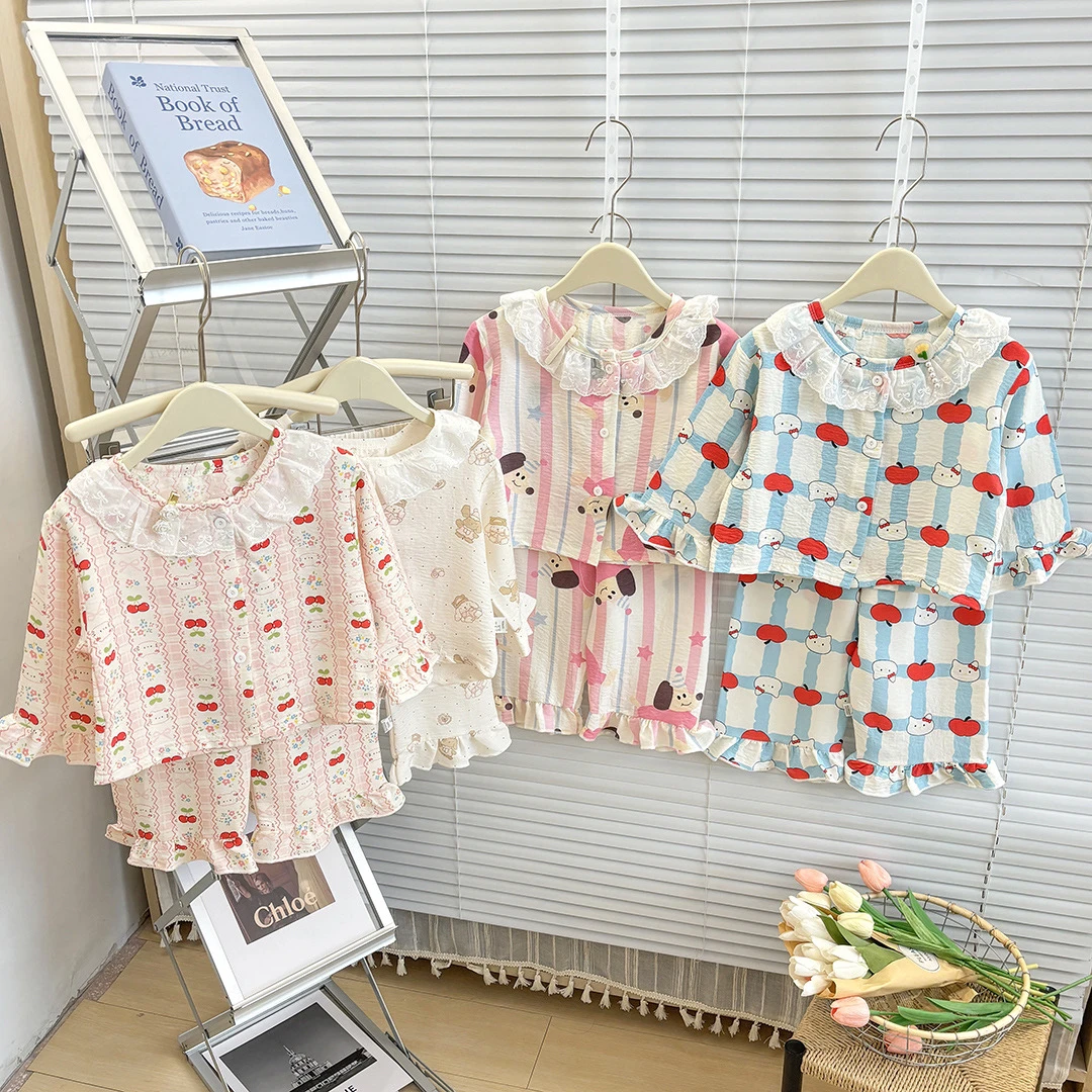【25年新款】儿童长袖套装家居服空调服卡通新款洋气女童碎花蕾丝边