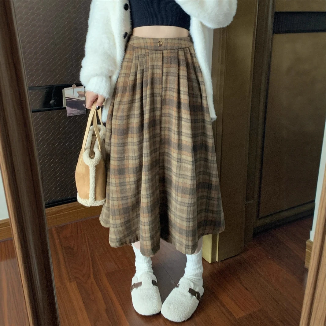 实拍2025复古呢料格子高腰显瘦宽松半身裙中长款大裙摆伞裙