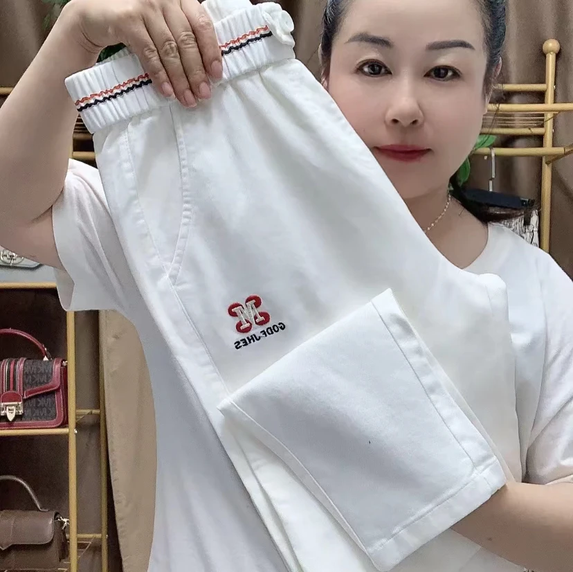 980白色松紧腰高腰显瘦九分裤宽松休闲哈伦裤薄款百搭女裤直筒裤