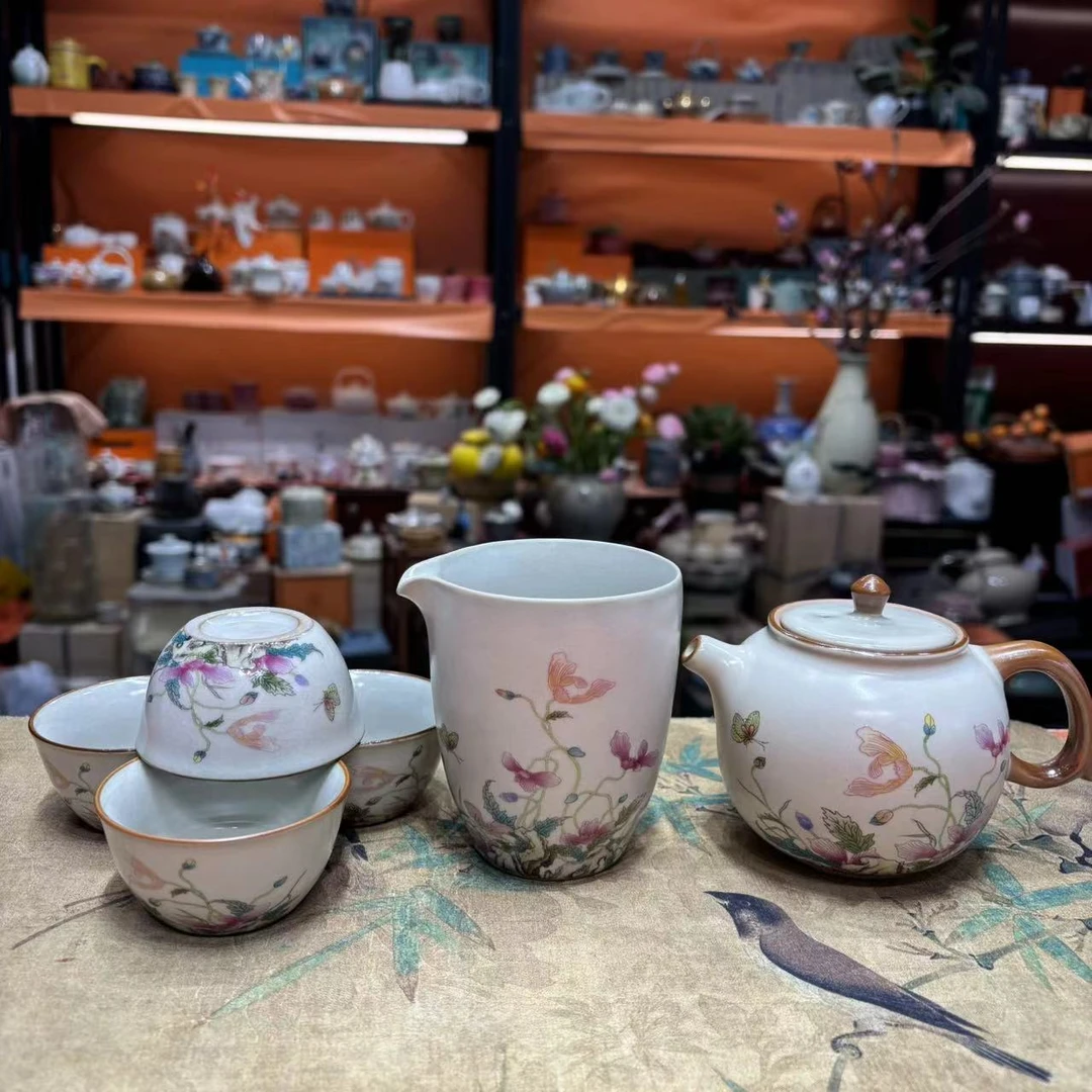 友名  复古陶瓷米黄汝窑虞美人如意壶一壶四杯小套装茶具-2438