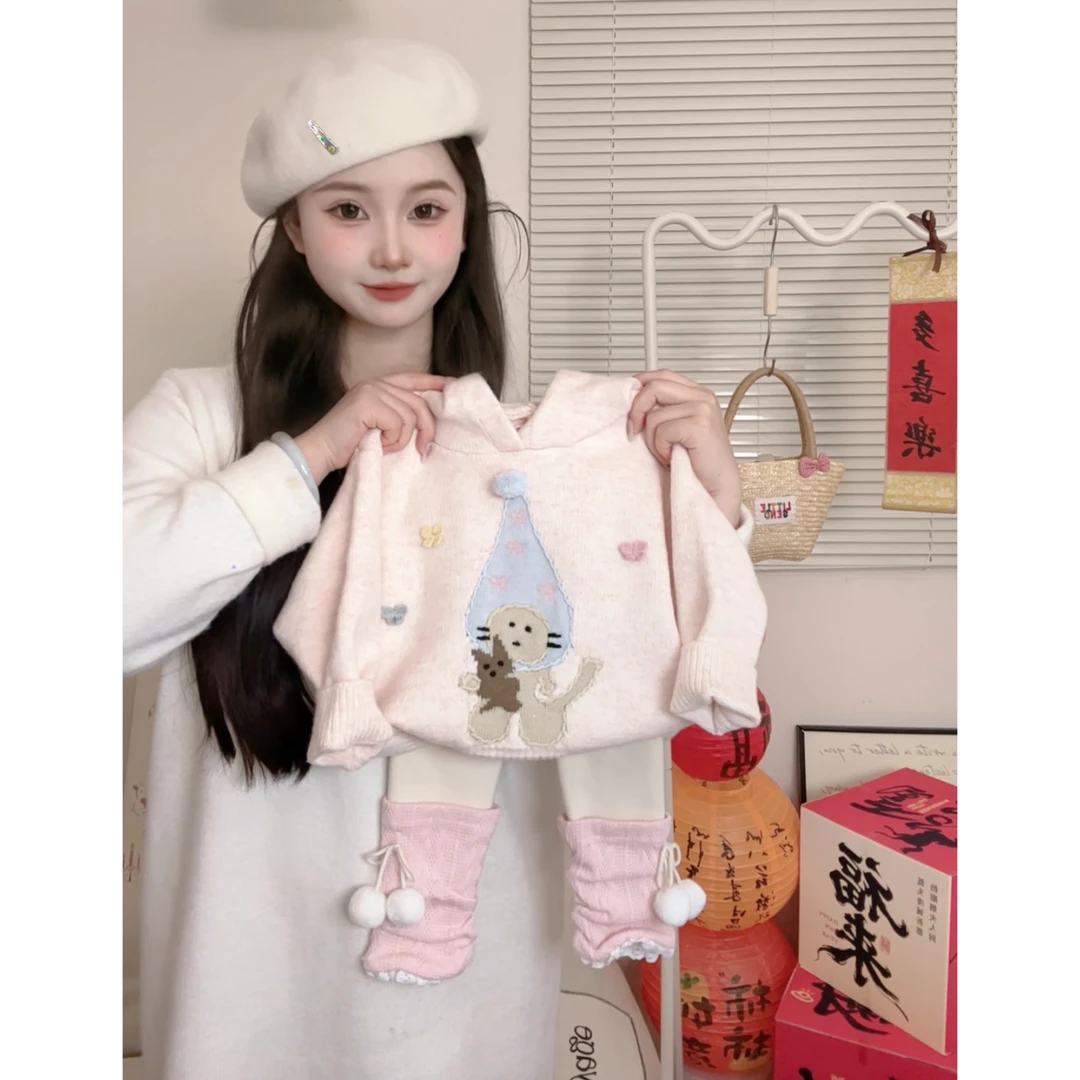 女童韩系秋冬装2025新款女宝宝连帽毛衣加厚打底裤加绒两件套