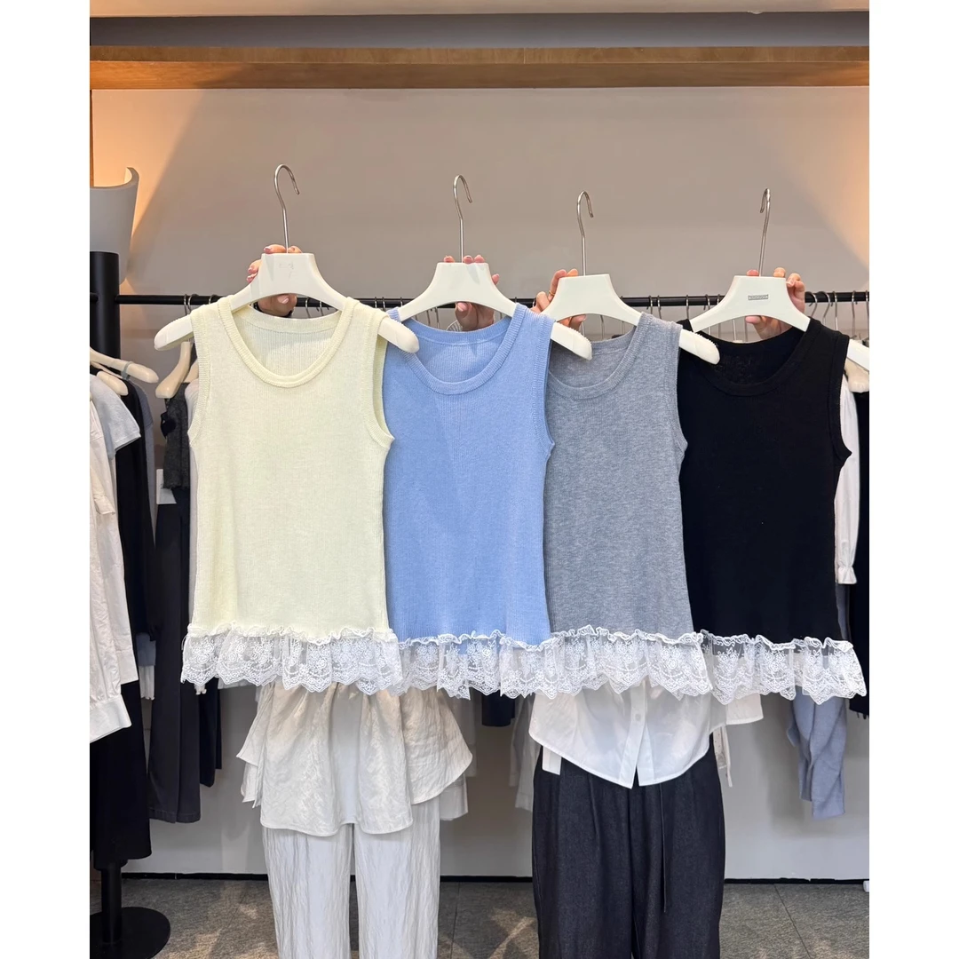 新款韩系圆领芭蕾风下摆拼接蕾丝韩系百搭显瘦蕾丝针织背心I1-34