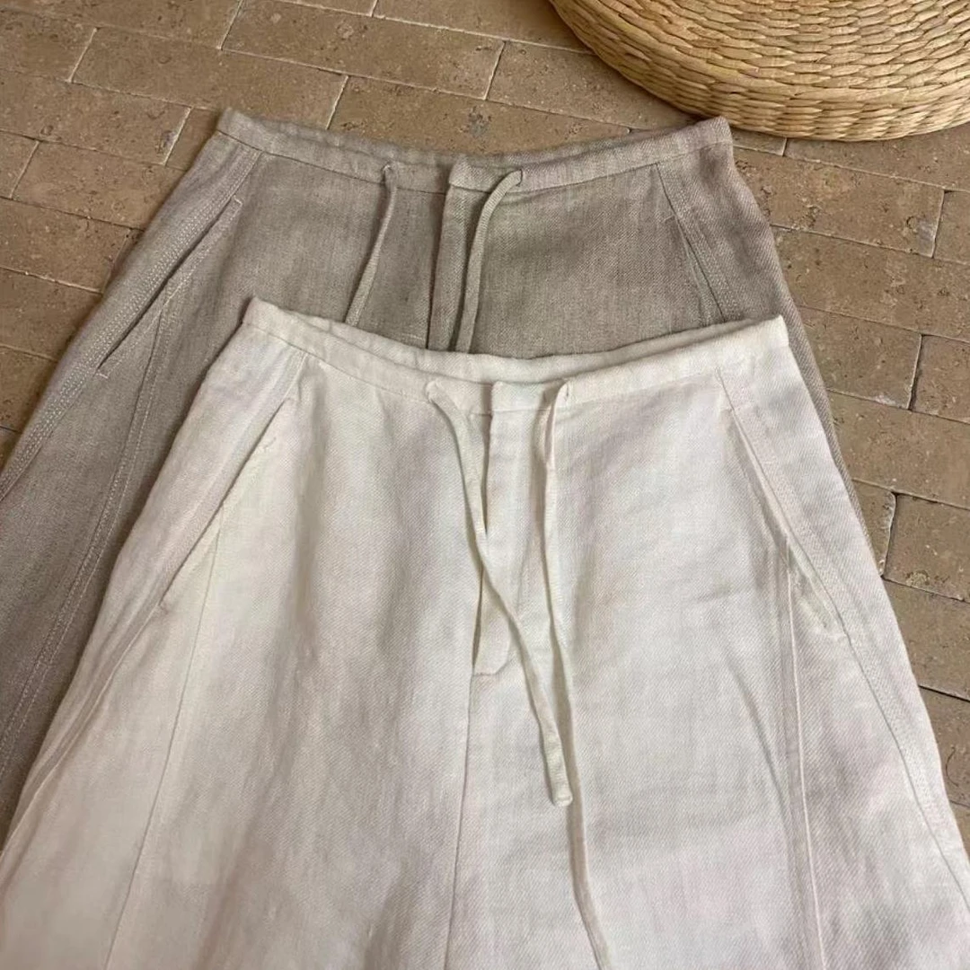 亚麻双褶直筒裤透气好显瘦白色舒适百搭薄款春夏早秋宽松纯色