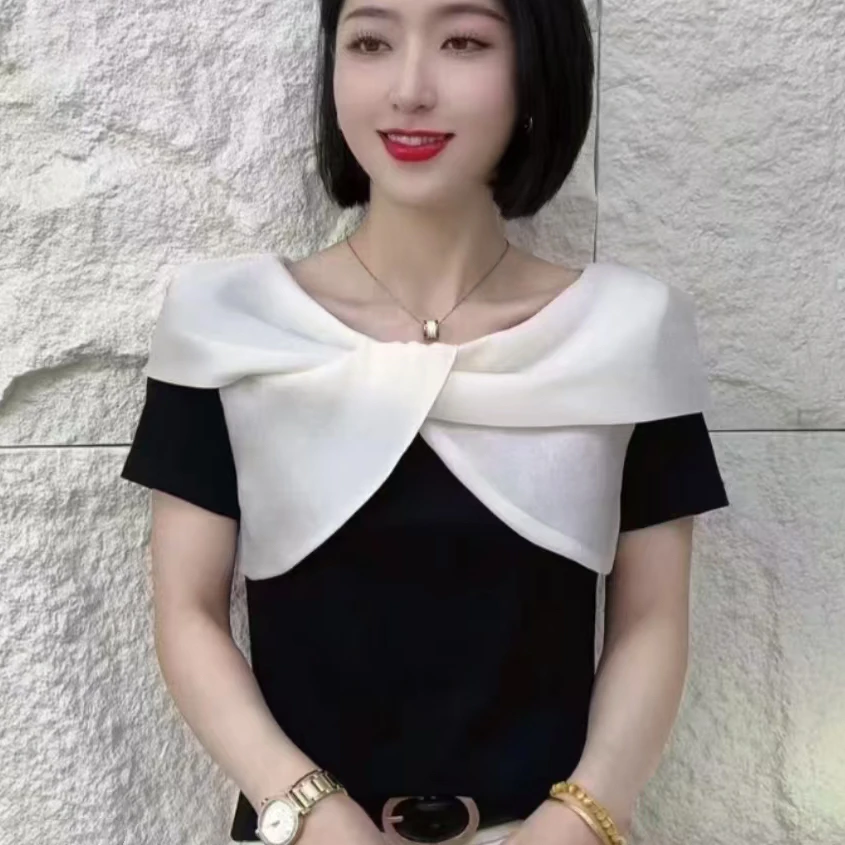 2025新品法式交叉领洋气t恤显瘦短袖87776