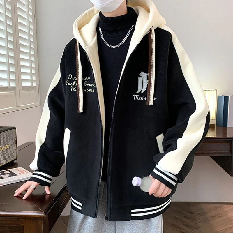 2025新款潮流连帽夹克春秋季休闲大码男装宽松刺绣帅气百搭外套潮