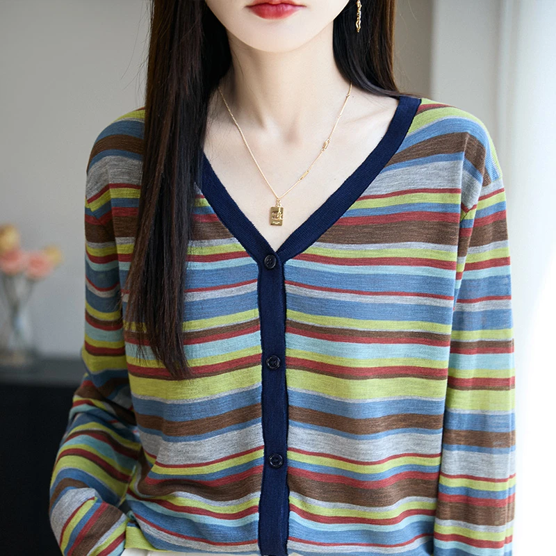 品牌2025新款条纹撞色圆领防晒衫宽松显瘦长袖V领针织开衫