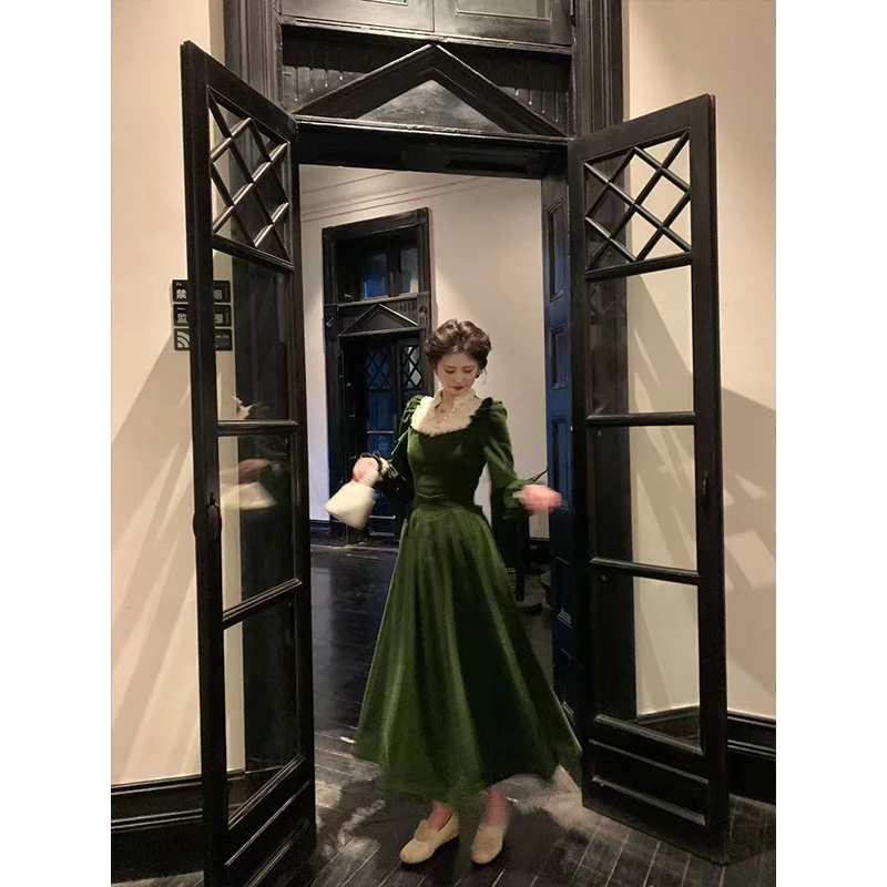 现货 一生罗曼【乱世佳人】法式复古赫本风秋冬连衣裙蕾丝长裙L1486