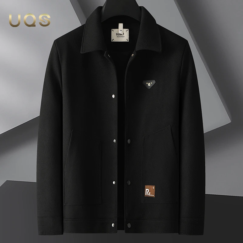 大码男士休闲夹克上衣秋季新款宽松舒适时尚华夫格翻领外套日常款