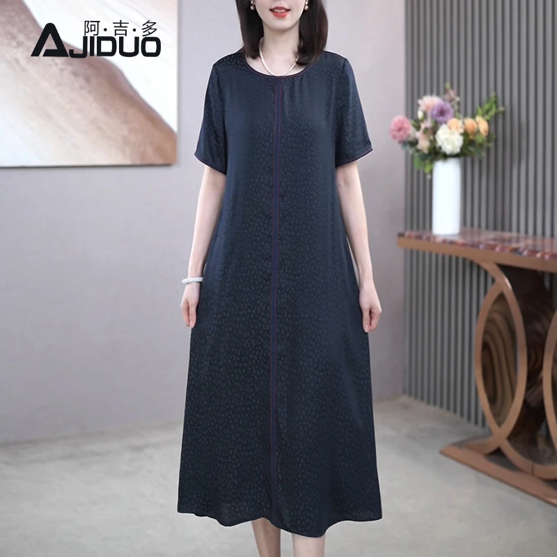A22966阿吉多短袖连衣裙女夏新款提花中老年妈妈长裙大码高级裙子