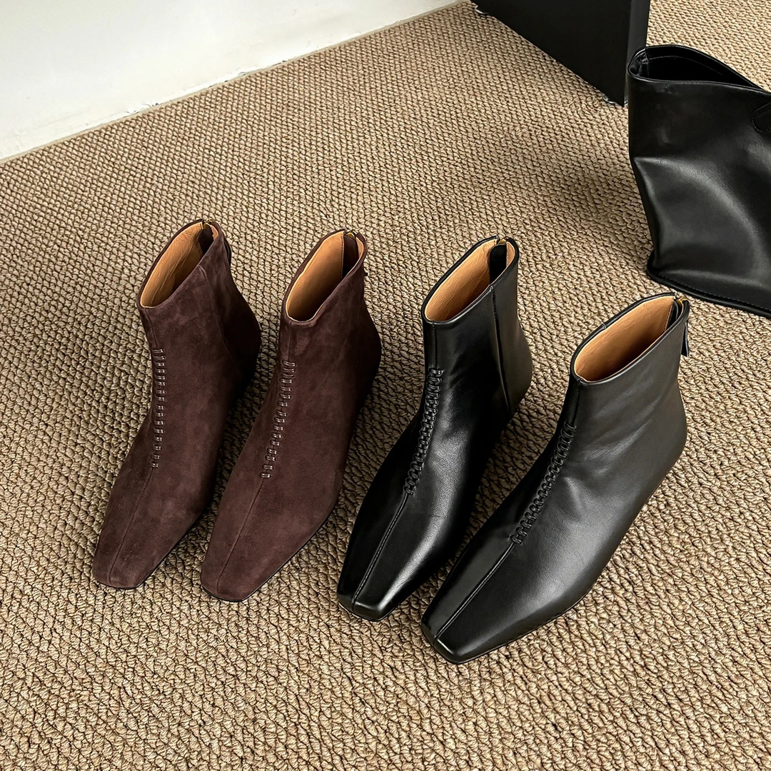 头层牛皮~法式简约方头低跟高级感小短靴女2025新款百搭时装靴子