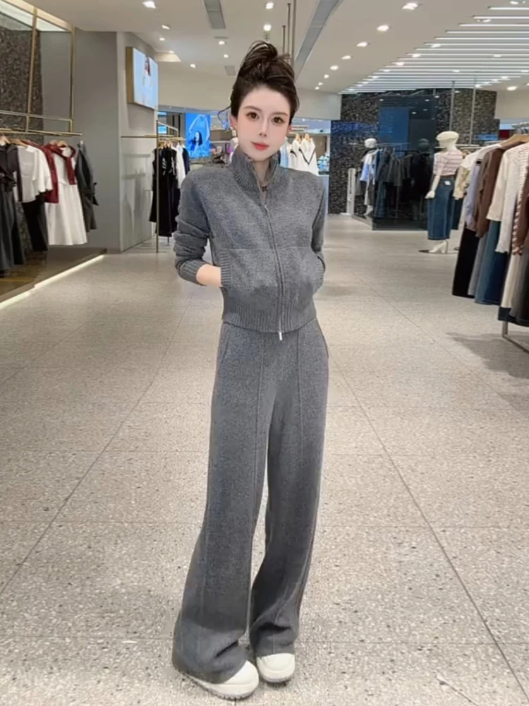 巨好看的针织毛衣套装灰色显瘦减龄韩系外套阔腿裤运动休闲两件套