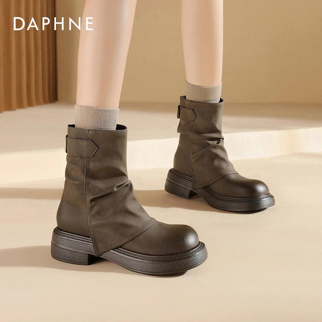达芙妮秋上新堆堆短靴女2025新款加绒厚底马丁靴棕色靴秋冬裤管靴