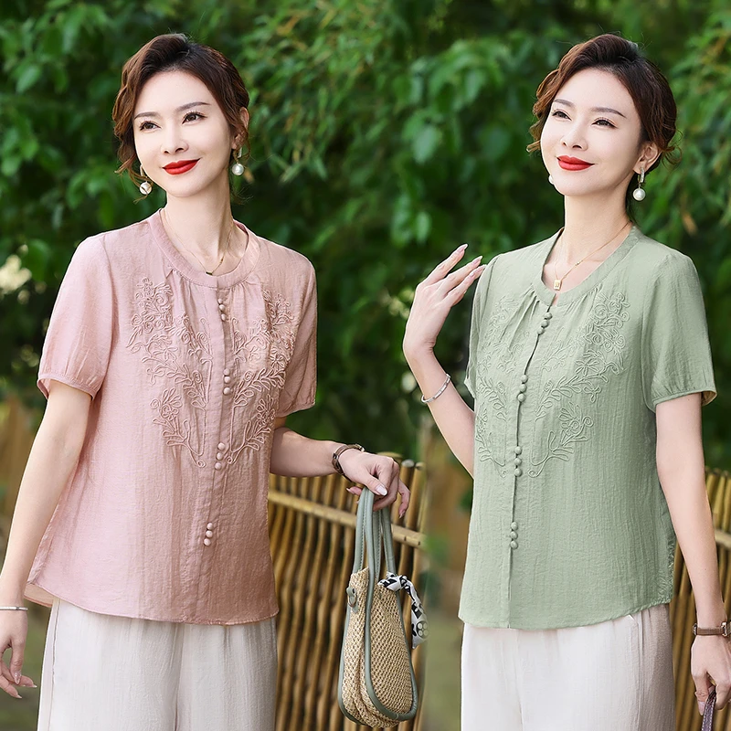 洋气妈妈夏装短袖上衣2025新款中年女装夏季新中式花色衬衫打底衫