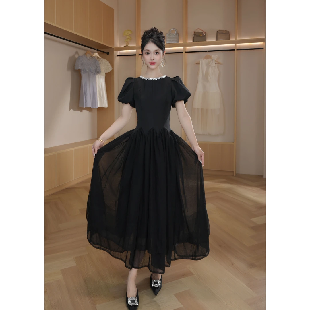 【设计师定制】新款大A网纱显瘦气质重工连衣裙 45122