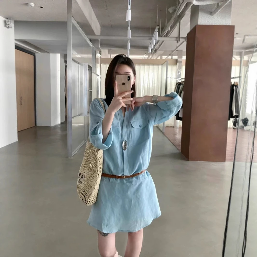 【简知】  麻料双口袋v领收腰衬衣裙女2025夏季新款裙子