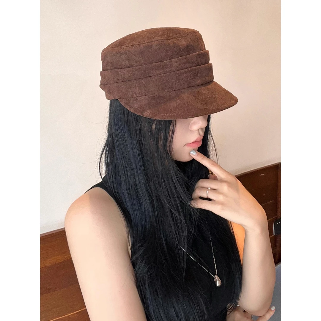 复古麂皮绒八角帽子女春秋季新款宽檐显脸小百搭气质优雅海俊帽潮