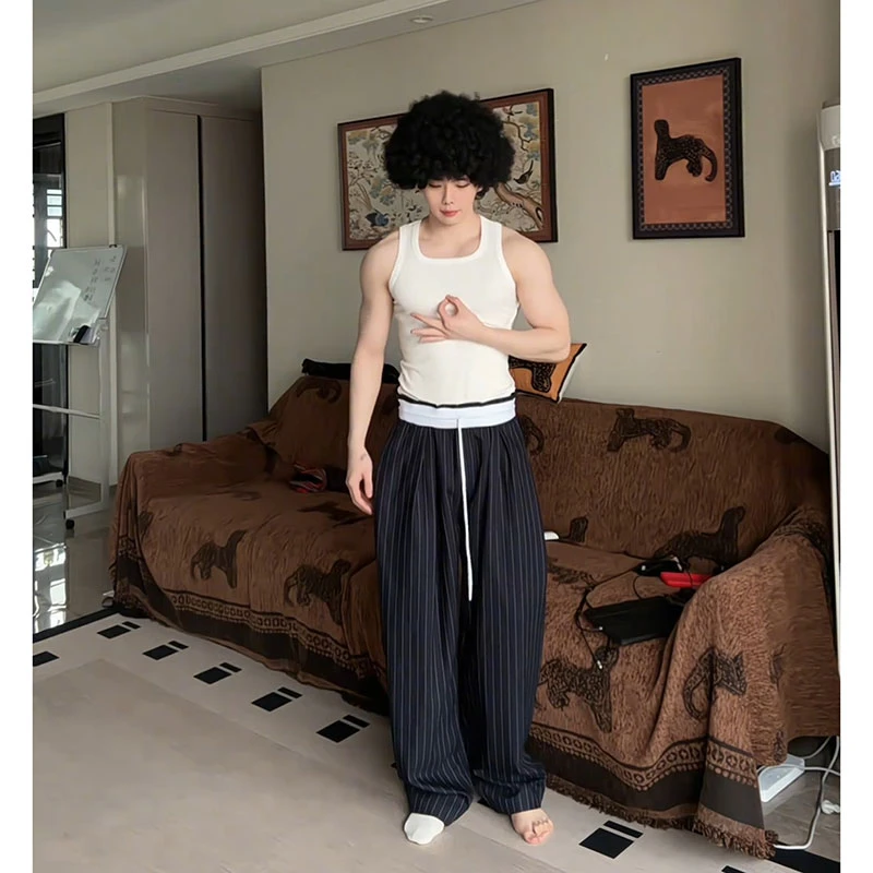 条纹休闲裤男夏季慵懒风宽松直筒阔腿裤垂坠高级感痞帅拖地长裤子