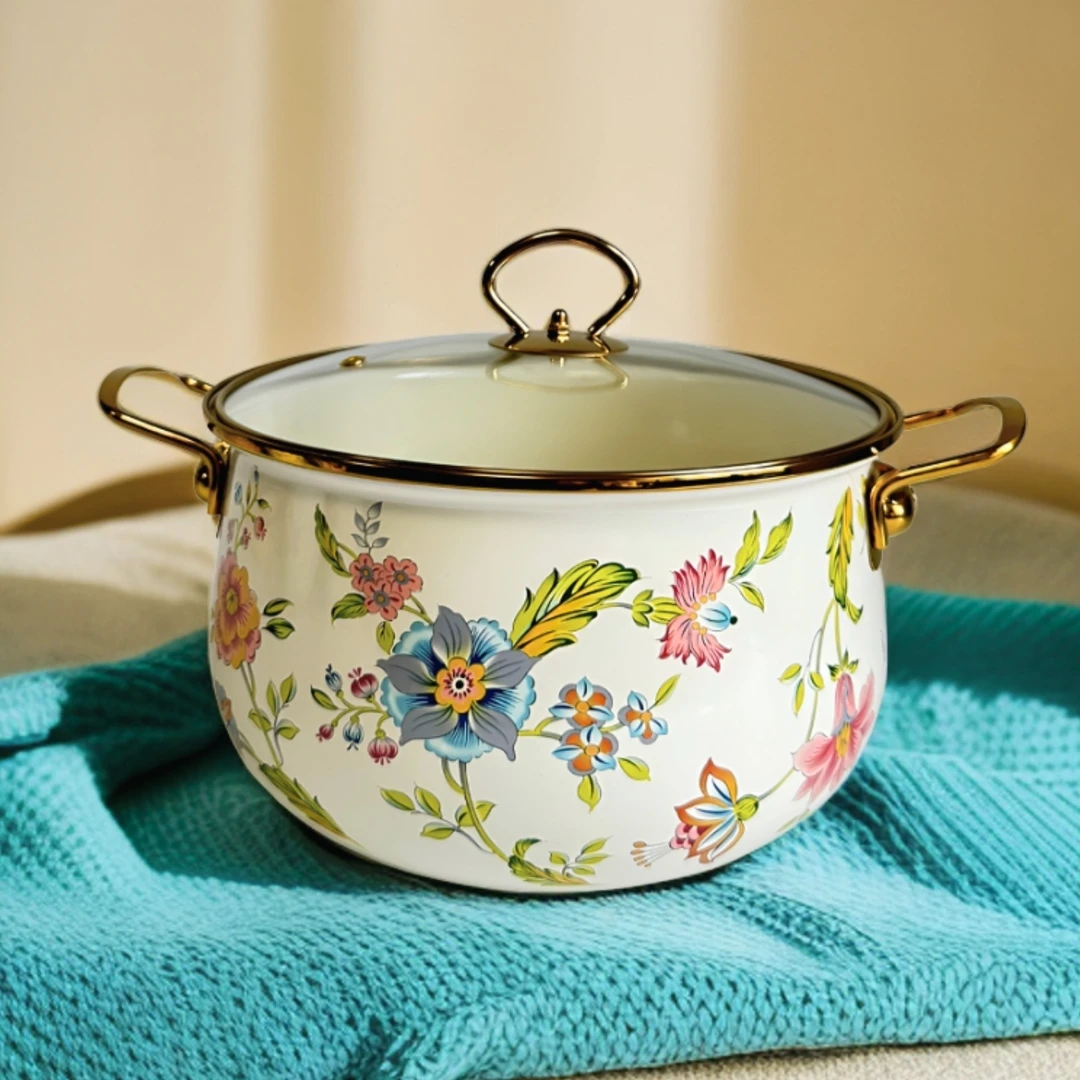 26cm胖锅芳香花图案炖锅可视玻璃盖珐琅搪瓷带盖加厚汤锅