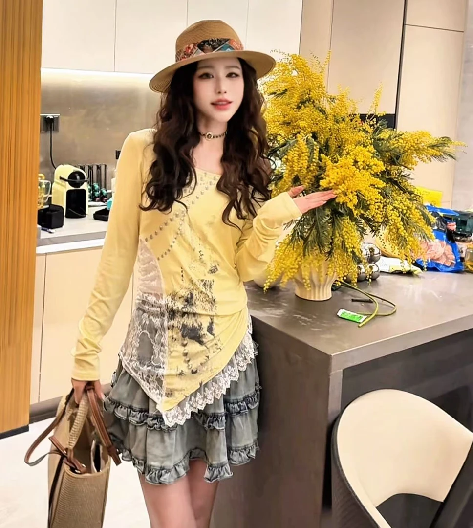 k6540 CC推荐 珍珠印花蕾丝拼接辣妹长袖t恤