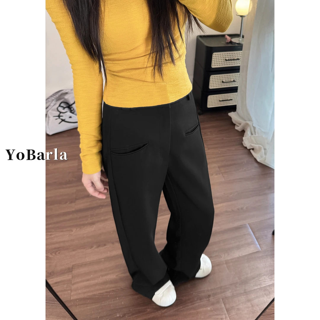 黑色休闲直筒西装裤女秋冬新款大码胖mm宽松显瘦高腰垂感阔腿裤子