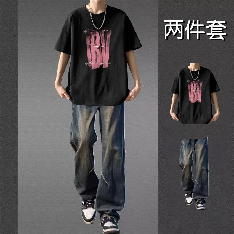 美式潮流短袖T恤套装男士夏季搭配牛仔裤痞帅休闲两件套大码宽松