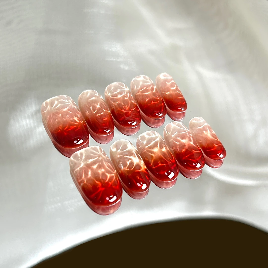 【水波纹】蓝珊手工穿戴甲冰透琉璃水波纹橘红色渐变高级显白气质