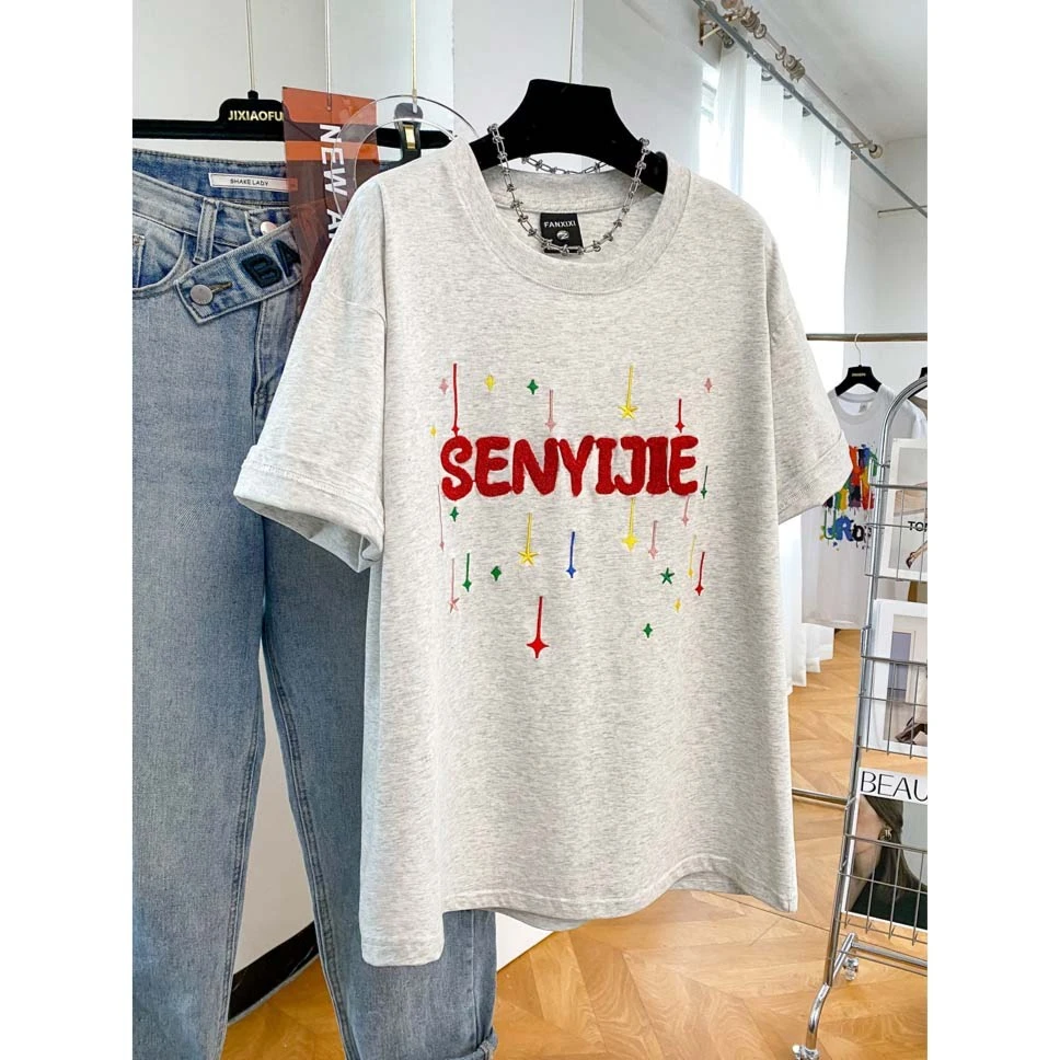 2025原创春夏季字母流星刺绣圆领纯棉短袖T恤女情侣宽松大码上衣