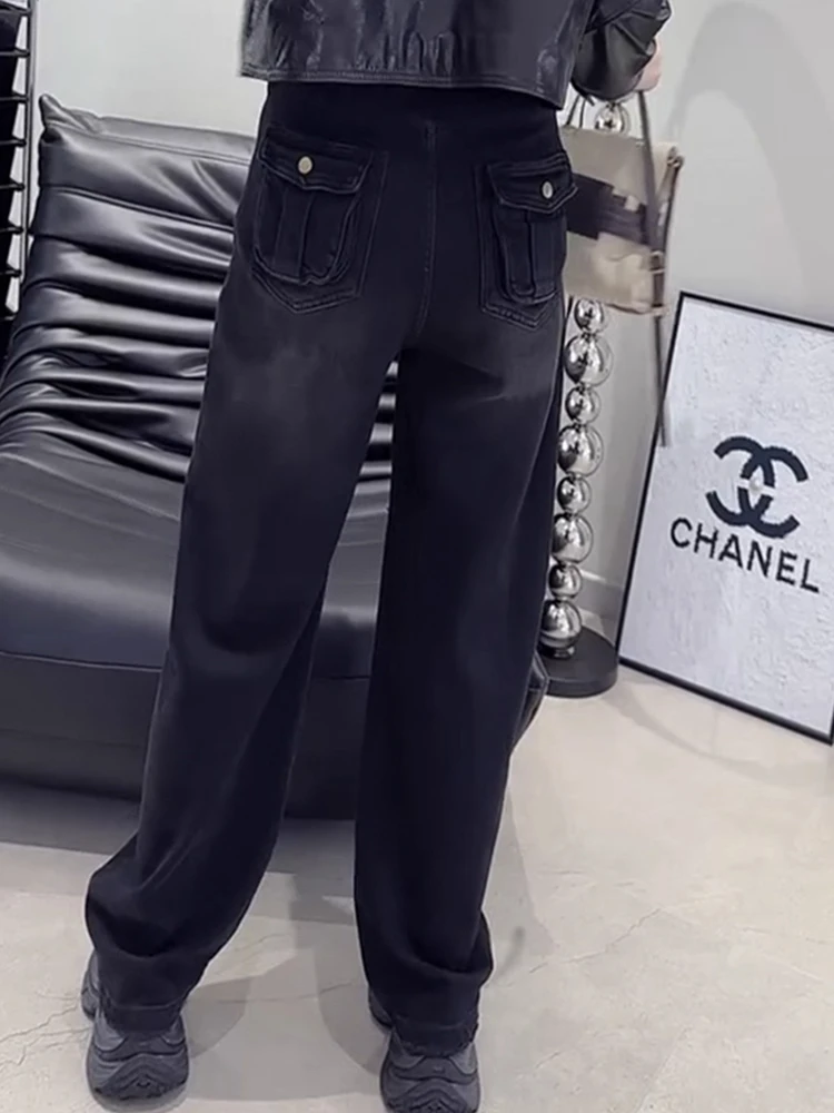 高腰窄版牛仔裤女加绒秋冬新款胖mm梨型身材宽松显瘦设计感直筒裤