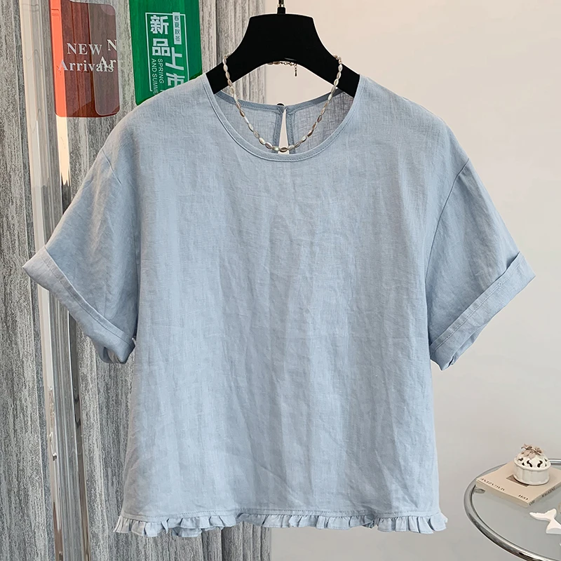 2025夏季新款棉麻圆领短袖衬衫木耳边超好看气质小衫大码短款上衣