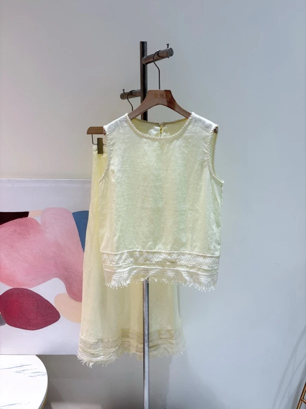 2025夏季新款 淡颜系气质奶油黄亚麻小流苏背心半身裙时尚套装