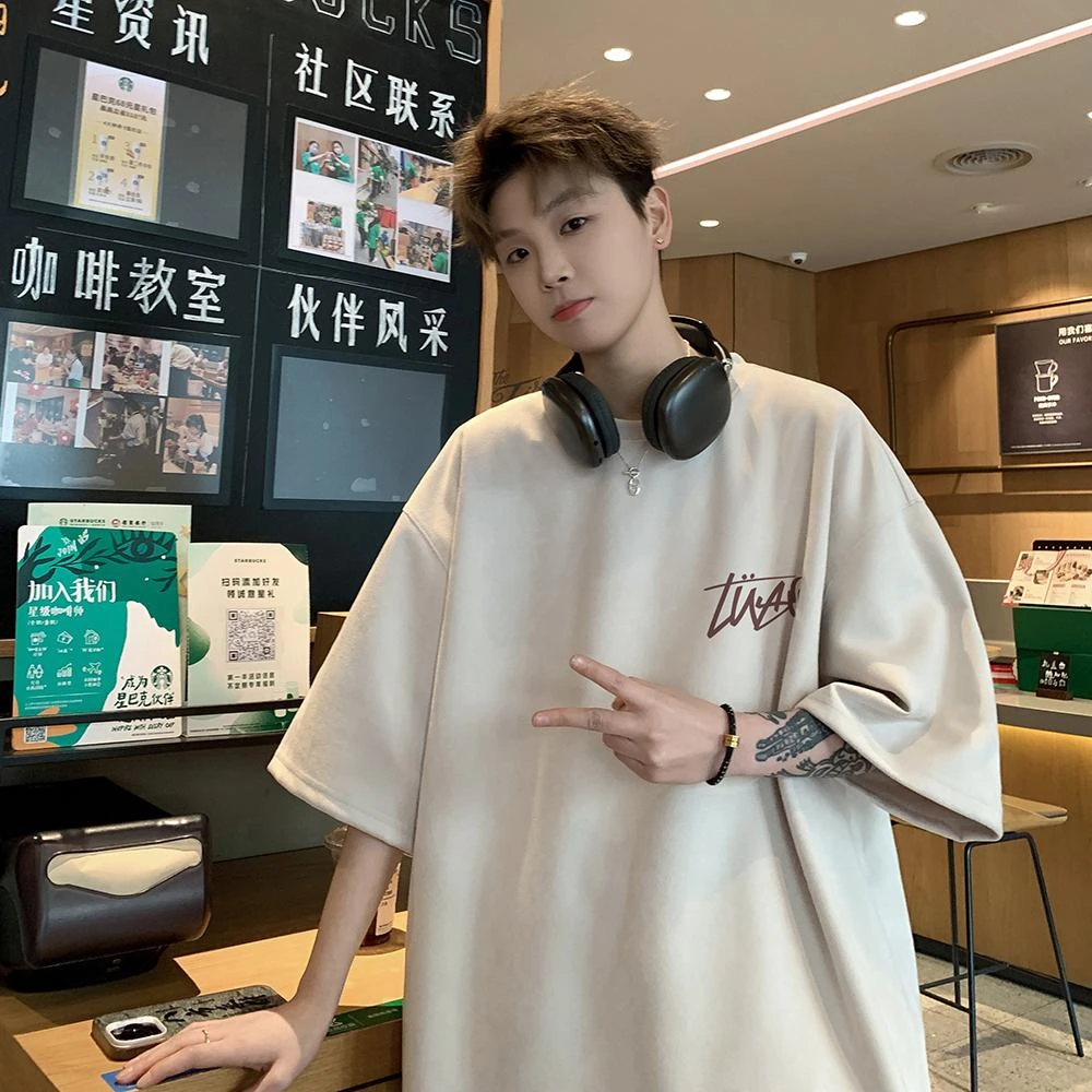 美式仿麂皮绒T恤短袖男款夏季2025新款宽松休闲潮流重磅5分袖体恤