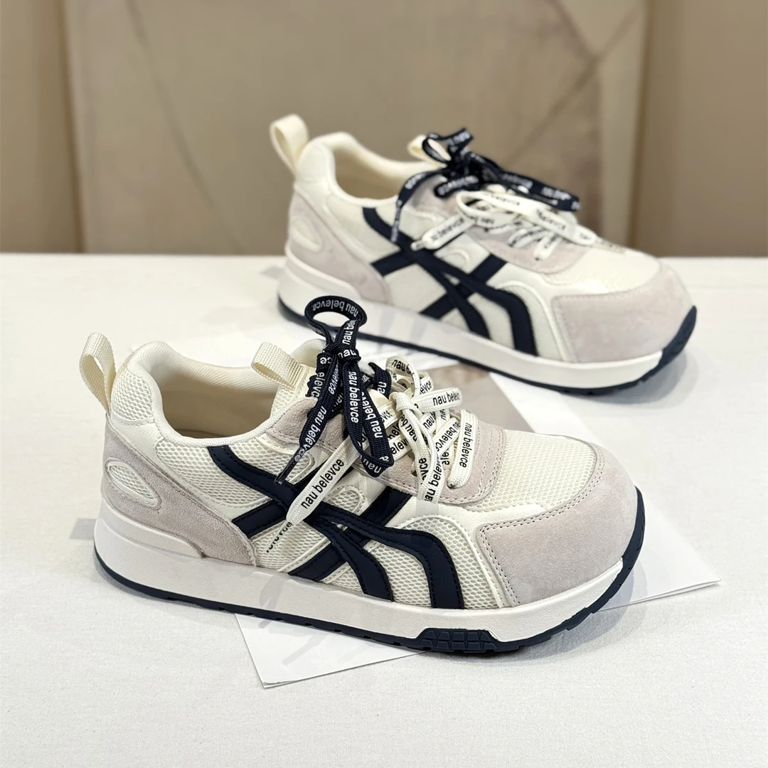 真皮韩版复古德训阿甘鞋女2025新款秋厚底增高双色系带休闲运动鞋