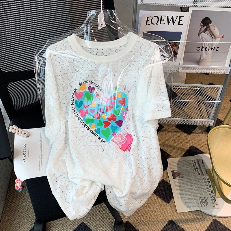 设计感小众网纱拼接镂空短袖t恤女2025新款夏装大码宽松半袖上衣