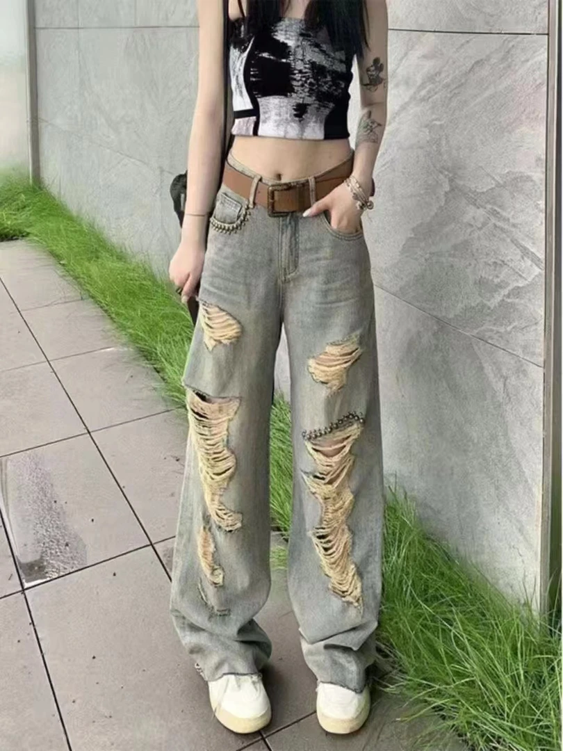 女士春夏新款牛仔阔腿拖地破洞显瘦时尚休闲百搭高腰蓝色